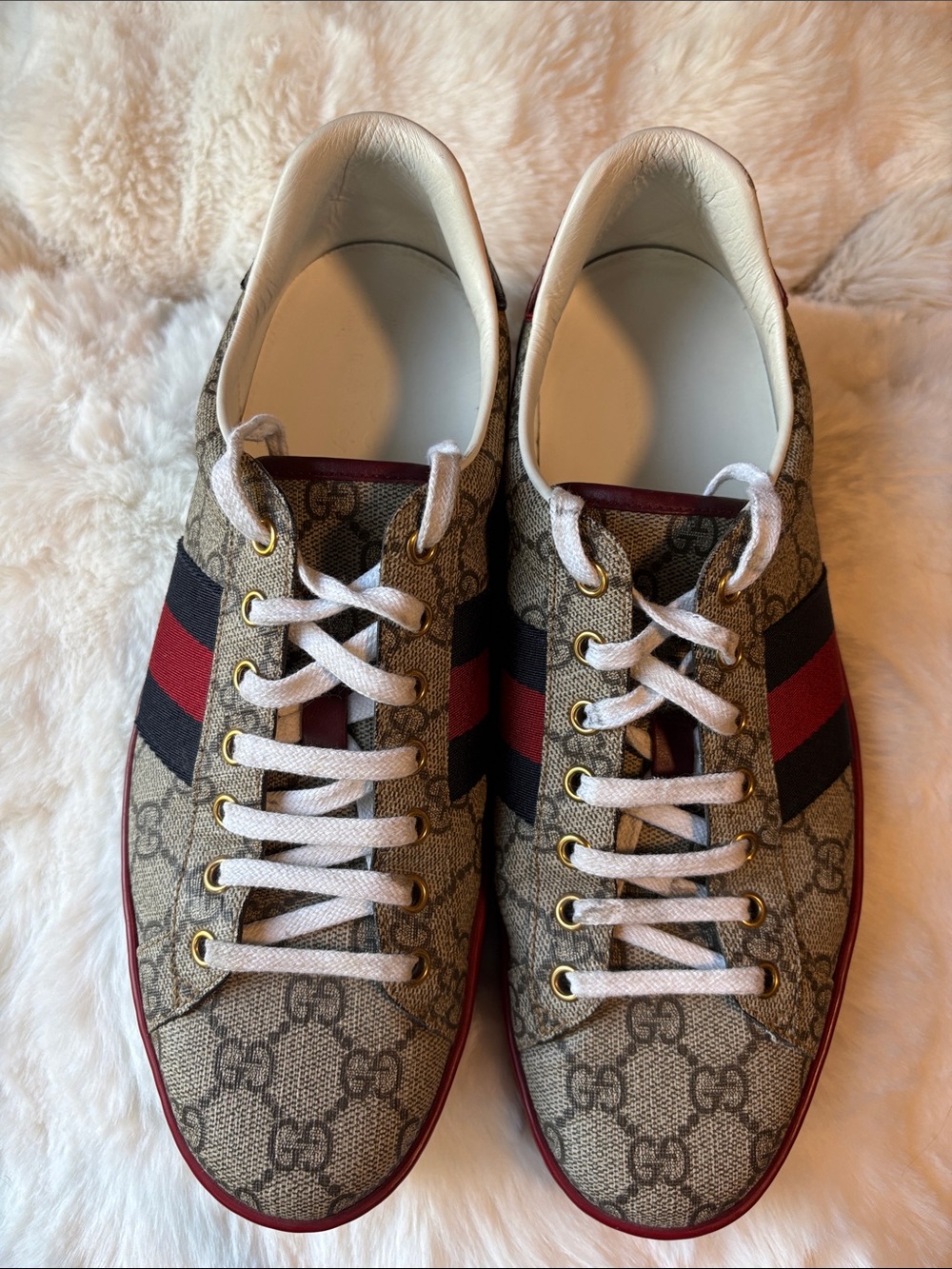Gucci Beige GG Canvas Sneakers with Red & Navy Stripes